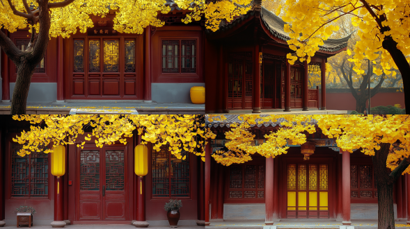 秋天银杏叶子黄,中式建筑,佳能r5相机,镜头24-70