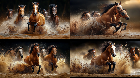 一群白色的骏马，在河里飞奔，姿态雄健，双蹄腾空，水花飞溅，佳能r5，85mm镜头f2.8，力量感，视觉冲击力强。细节真实自然，质感强