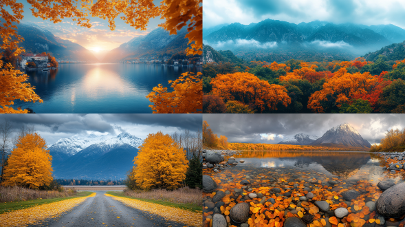 深秋,远山,黄叶环绕,柔和光线,静谧氛围,淡雅色彩,丁达尔效应,广角镜头,佳能r5相机