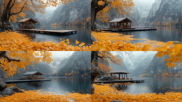 深秋,远山,黄叶环绕,超现实感,柔和光线,静谧氛围,淡雅色彩,丁达尔效应,广角镜头,佳能r5相机