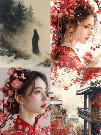 工笔画水墨画，亭角赏花，梅花框架人物，花园有冰雪流云，米色背景，汉服精致有刺绣，发饰华丽，手指畸形，神情嫣然，色彩柔和，线条细腻，古典韵味。