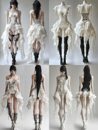 连衣裙正背面图展示，短款，黑白，不对称式，波西米亚图案，荷叶边，高级感，柔和光线，细节清析