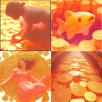 3d云字周围环绕金币，中心构图，超现实风格，冷色调，鱼眼镜头，顶光，悬浮，奇幻，神秘。