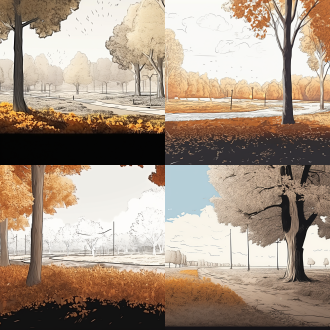 写实秋季风景白天，水平构图，高色彩饱和度，田野里，标准镜头，顺光，静止，落叶，金黄与棕褐，宁静。