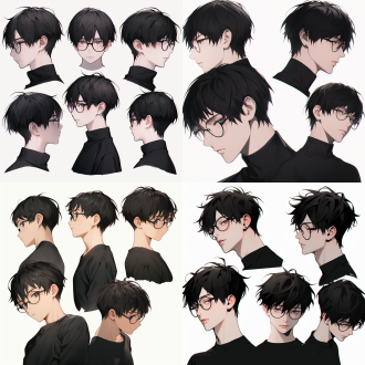 男孩侧脸高鼻梁大眼睛戴黑框眼镜穿黑衣黑裤黑发超短，白色背景五视图，高清晰度，正面光，特写，简约，冷静。