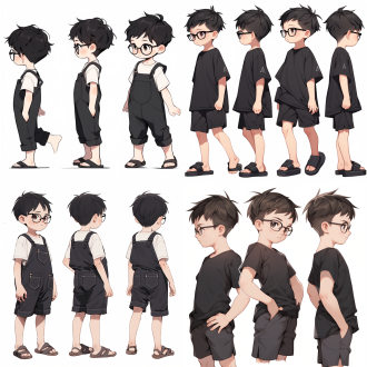 一个男孩侧脸，高鼻梁，大眼睛，戴着黑框眼镜，直直站着，穿着黑色t恤，黑色工装裤，头发黑色超短，白色背景，正侧背斜五视图，高清晰度