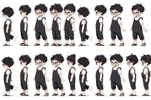 一个男孩侧脸，高鼻梁，大眼睛，戴着黑框眼镜，直直站着，穿着黑色t恤，黑色工装裤，头发黑色超短，白色背景，正侧背斜五视图，高清晰度