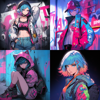 动漫女孩蓝粉短发蓝眼，酷且天才，夸张表情，全身像，涂鸦贴纸背景元素丰富，赛博朋克垃圾风格，高饱和度色彩，正面光。