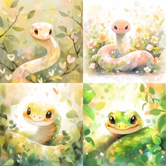 小蛇微笑插画肖像，对称构图，柔和色调，水彩笔触，可爱表情，大眼睛，温馨，童趣，天真，春节，ip，高饱和度，暖光，细腻纹理，卡通风格，正面视角，明亮背景，欢乐氛围。