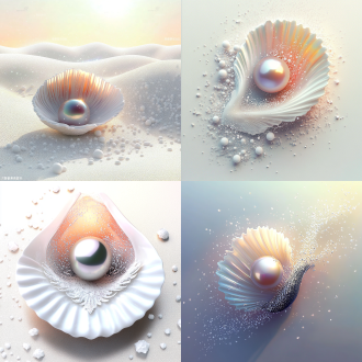 纯色背景中，精致的白色贝壳中静静的躺着一颗顶级品质的黑色珍珠，投射出淡淡的五彩光芒，周边洒落着大小一不的白色结晶颗粒，纯净感，纯洁，明亮，高清晰度，光泽纹理清晰，珠宝艺术，真实细节，静谧，温暖的阳光，8k渲染珍珠和贝壳表面可见纳米级结构，艺术感，高级感。