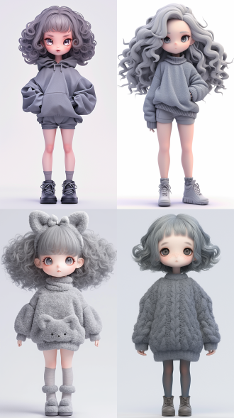 gray fluffy cartoon super lovely girl, full body,curly hair, fine fluffy plush texture, chibi, kawaii,front view, standing in the center of the frame,popmart blind box, ip design,3d rendering, ultra-detailed , white background, 3d, c4d, soft lights, 16k, medium long view