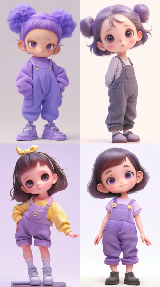 a resin toy of an adorable trendy lively baby girl,the figure is wearing furry overalls, purple fine fluffy plush texture, she has eyes that resemble cartoon characters,short hair,chibi,her head was designed to have round proportions similar ,with a detailed character design, cute pose,isolated against a white background