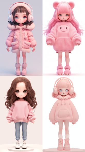 fluffy cartoon super lovely girl,full body fine fluffy plush texture, chibi, kawaii,front view, candy colors, standing in the center of the frame,popmart blind box, ip design,3d rendering, ultra-detailed , white background, no headphones,3d, c4d, soft lights, 16k, medium long view