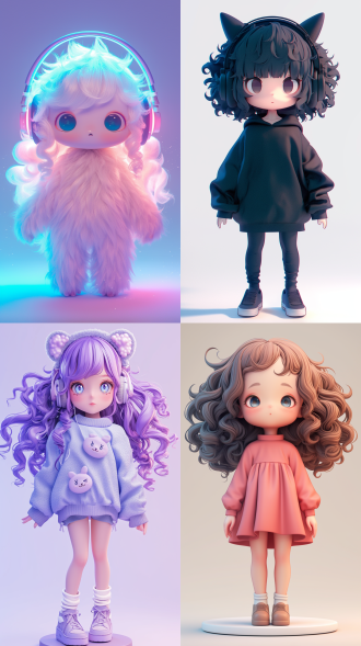 curly hair, fine fluffy plush texture, chibi, standing in the center of the frame,popmart blind box, ip design,3d rendering, fultra-detailed , white background, no headphones,3d, c4d, soft lights, 16k, medium long view