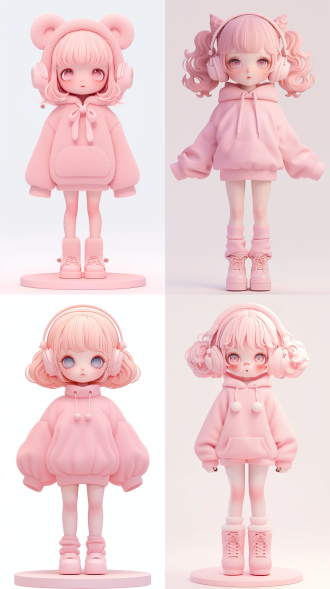 fluffy cartoon super lovely girl,full body fine fluffy plush texture, chibi, kawaii,front view, candy colors, standing in the center of the frame,popmart blind box, ip design,3d rendering, ultra-detailed , white background, no headphones,3d, c4d, soft lights, 16k, medium long view