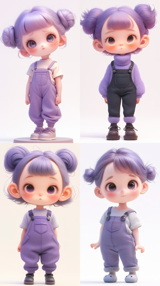 a resin toy of an adorable trendy lively baby girl,the figure is wearing furry overalls, purple fine fluffy plush texture, she has eyes that resemble cartoon characters,short hair,chibi,her head was designed to have round proportions similar ,with a detailed character design, cute pose,isolated against a white background