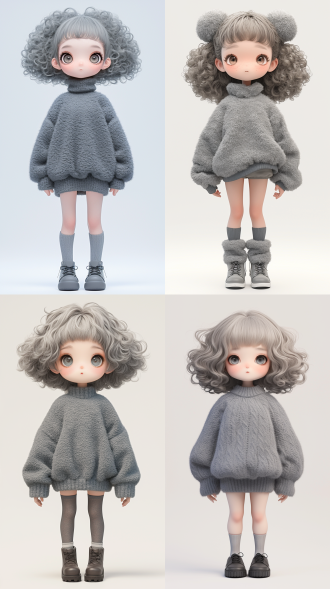 gray fluffy cartoon super lovely girl, full body,curly hair, fine fluffy plush texture, chibi, kawaii,front view, standing in the center of the frame,popmart blind box, ip design,3d rendering, ultra-detailed , white background, 3d, c4d, soft lights, 16k, medium long view