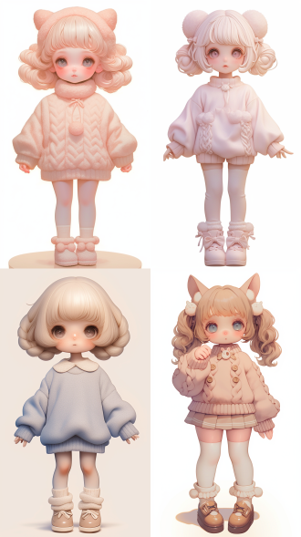 a fluffy resin toy of an girl, fine fluffy plush texture, chibi, cute pose,isolated against a white background