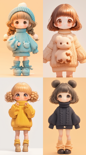 a fluffy resin toy of an girl, fine fluffy plush texture, chibi, cute pose,isolated against a white background