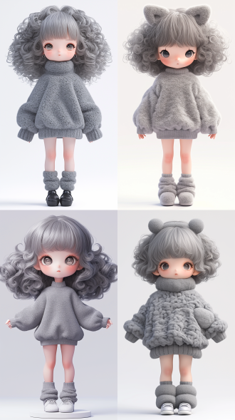 gray fluffy cartoon super lovely girl, full body,curly hair, fine fluffy plush texture, chibi, kawaii,front view, standing in the center of the frame,popmart blind box, ip design,3d rendering, ultra-detailed , white background, 3d, c4d, soft lights, 16k, medium long view