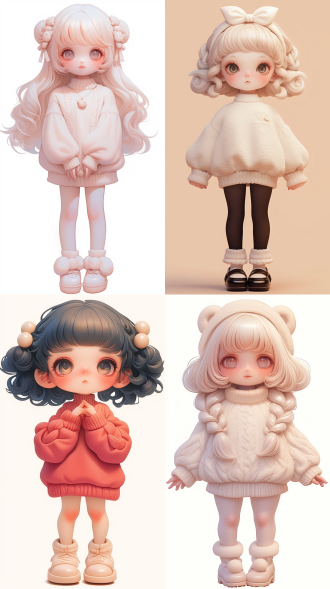 a fluffy resin toy of an girl, fine fluffy plush texture, chibi, cute pose,isolated against a white background