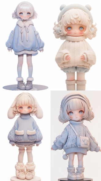a fluffy resin toy of an girl, fine fluffy plush texture, chibi, cute pose,isolated against a white background