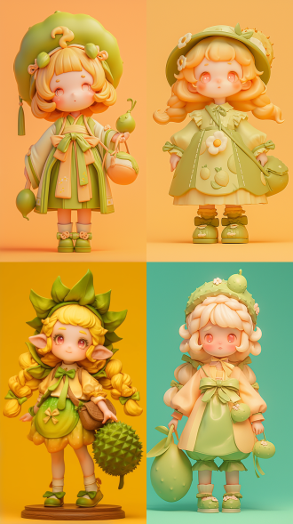 3d盲盒，泡泡玛特，三维古风，纯色背景，国风光影，卡哇伊，可爱的榴莲女孩ip，一个粉红嘟嘟的3d立体可爱小女孩，精致的面庞，粉红色的眼睛，长长的黄色卷发，戴着一绿色的榴莲状帽子，绿色榴莲古风裙子，绿色蝴蝶结鞋，背着一个可爱的榴莲包包，泡泡玛特的感觉, 超高清画质，盲盒，流行集市, ip盲箱, 树脂材料, 柔和的颜色, c4d, 超高清8k, 皮克斯, 3d风格