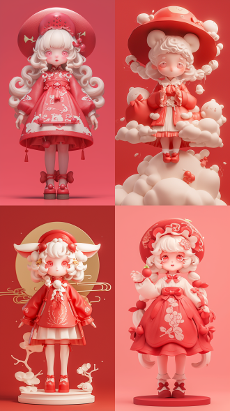 3d盲盒，泡泡玛特，三维古风，纯色背景，国风光影，卡哇伊，可爱的荔枝女孩ip，一个粉红嘟嘟的3d立体可爱小女孩，精致的面庞，粉红色的眼睛，长长的白色卷发，戴着一红色荔枝状帽子，红色荔枝古风裙子，红色蝴蝶结鞋，背着一个红色可爱的荔枝包包，泡泡玛特的感觉, 超高清画质，盲盒，流行集市, ip盲箱, 树脂材料, 柔和的颜色, c4d, 超高清8k, 皮克斯, 3d风格