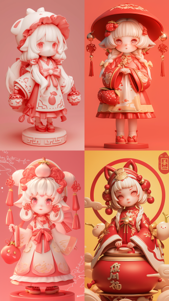 3d盲盒，泡泡玛特，三维古风，纯色背景，国风光影，卡哇伊，可爱的荔枝女孩ip，一个粉红嘟嘟的3d立体可爱小女孩，精致的面庞，粉红色的眼睛，长长的白色头发，戴着一红色荔枝状帽子，红色荔枝古风裙子，红色蝴蝶结鞋，背着一个红色可爱的荔枝包包，泡泡玛特的感觉, 超高清画质，盲盒，流行集市, ip盲箱, 树脂材料, 柔和的颜色, c4d, 超高清8k, 皮克斯, 3d风格