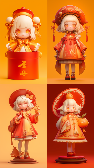 3d盲盒，泡泡玛特，三维古风，纯色背景，国风光影，卡哇伊，可爱的橘子女孩ip，一个粉红嘟嘟的3d立体可爱小女孩，精致的面庞，橘黄色的眼睛，长长的白色头发，戴着一橘子形状的帽子，橘红色古风长裙，橘色蝴蝶结鞋，背着一个红色可爱的橘子包包，泡泡玛特的感觉, 超高清画质，盲盒，流行集市, ip盲箱, 树脂材料, 柔和的颜色, c4d, 超高清8k, 皮克斯, 3d风格