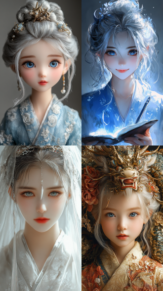 最佳质量，优质构图，头上长着龙角的可爱女孩，穿着飘逸的汉服，露出甜美的微笑，闪闪发亮的雪白头发，大而明亮的蓝色眼睛，中心视觉,