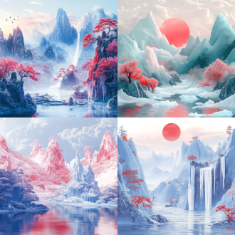 全屏光栅板立体画，中国风风景，冰晶冰雕山峰，红、白、蓝渐变，镭射渐变，局部uv抠图，简约唯美，噪点，东方美学。