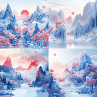 全屏光栅板立体画，中国风风景，冰晶冰雕山峰，红、白、蓝渐变，镭射渐变，局部uv抠图，简约唯美有噪点，东方美学。