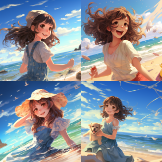 动漫，女孩，美丽动人，海边沙滩玩耍，阳光，开心快乐，高清12k，