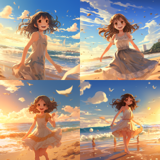 动漫女孩海边沙滩玩耍，三分法构图，暖光，广角镜头，高清12k，女孩裙装笑容甜，阳光灿烂，开心快乐氛围。