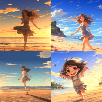 动漫女孩海边沙滩玩耍，三分法构图，阳光暖色调，长焦镜头，顶光，奔跑跳跃，美丽开心，高清12k。
