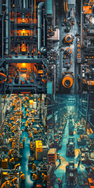 51劳动节海报，对称布局，明亮色彩，工厂场景，中长焦镜头，顶光，工人劳作，写实风格，奋进氛围。