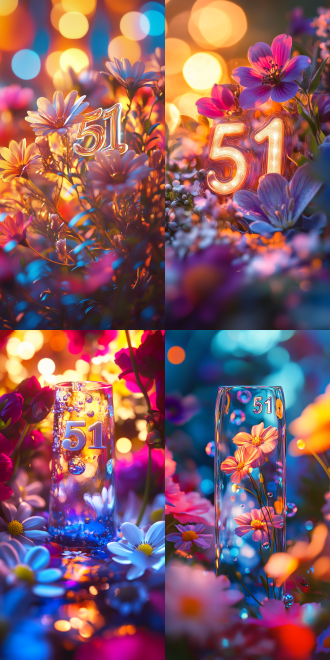 五一劳动节，透明立体“51”数字光影折射，周围缤纷花朵环绕，居中构图，清新色调，微距镜头，侧逆光，美好氛围，愉悦感。