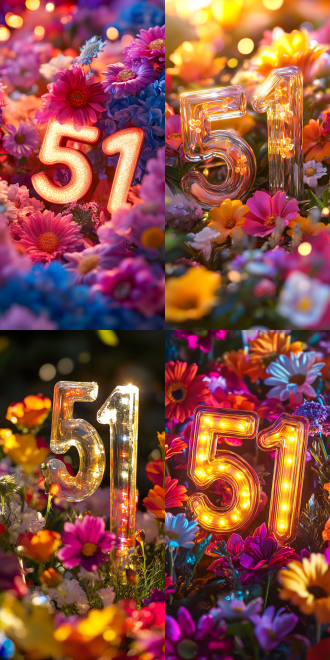 五一劳动节，透明立体“51”数字带光影折射，周围缤纷花朵环绕，居中构图，清新色调，微距镜头，顶光，节日氛围，愉悦。