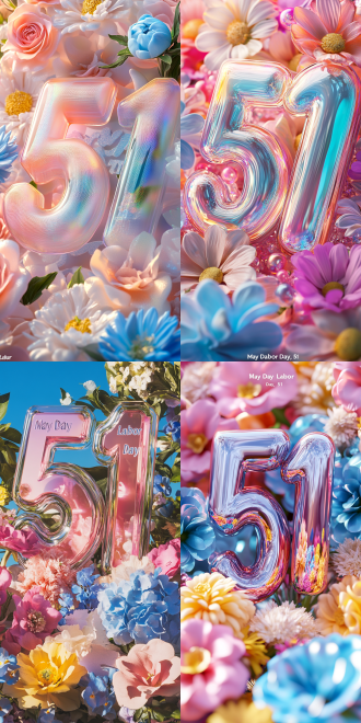这张图片以 “五一劳动节” 为主题创作，主体是一组透明立体的 “51” 数字造型，数字表面带有光影折射效果，显得精致立体。数字周围环绕着色彩缤纷的花朵，包括粉色、蓝色、黄色等花朵，花朵形态逼真、色彩柔和，与透明数字搭配，营造出清新、美好的节日氛围，传递出五一劳动节轻松愉悦的节日感觉。