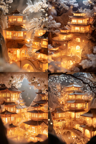 古风中式多层楼阁带拱形门洞，由桥梁连接于山水间，枝头白花，暖光，三分法构图，长焦镜头，侧逆光，春日氛围。 高清12k