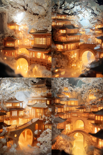 古风中式多层楼阁拱形门洞，桥梁连于山水，枝头白花，三分法构图，长焦镜头，侧逆光，暖光，春日氛围，高清12k。