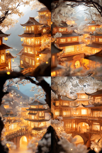 古风中式多层楼阁带拱形门洞，由桥梁连接于山水间，枝头白花，暖光，三分法构图，长焦镜头，侧逆光，春日氛围。 高清12k