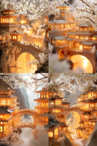 古风中式多层楼阁带拱形门洞，桥梁连于山水间，枝头白花，三分法构图，长焦镜头，侧逆光，春日暖光，高清12k。
