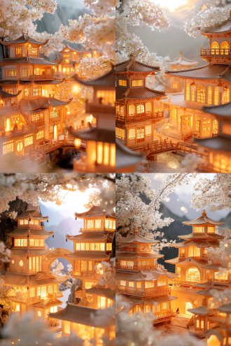 古风中式多层楼阁带拱形门洞，由桥梁连于山水间，枝头白花，三分法构图，长焦镜头，侧逆光，春日暖光，高清12k。