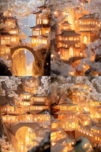 古风中式多层楼阁带拱形门洞，桥梁连于山水间，枝头白花，暖光，三分法构图，长焦，侧逆光，春日氛围，高清12k。