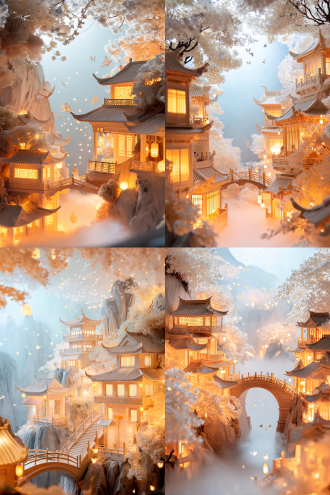 古风中式建筑于山水间，飞檐斗拱楼阁拱桥相连，白花开树木点缀，暖光灯笼雾气，蝴蝶漂浮物，16:9，12k高清，梦幻温馨。