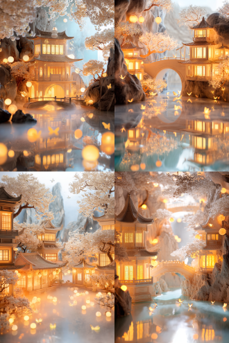 建筑：古风中式建筑，飞檐斗拱，多层楼阁，带拱形门洞，有桥梁连接，建筑分布于山水间。 自然景观：山水相依，水面平静有光影反射，山体有岩石纹理，树木点缀，枝头开白色花朵 ，营造春日氛围。 光源与氛围：暖色调主光源，如灯笼发出柔和暖光，营造温馨、梦幻、朦胧氛围，可添加雾气效果。 点缀元素：空中悬挂圆形灯笼，水面有发光蝴蝶状漂浮物。 16:9,高清12k
