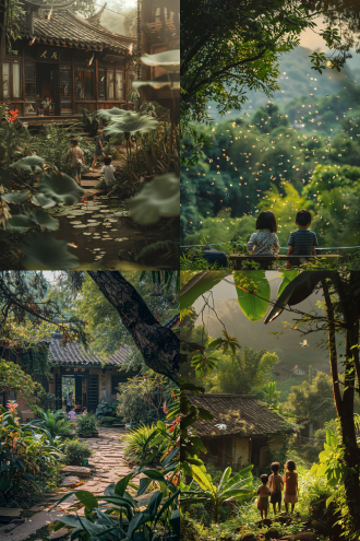 百草园，全景，田园风光，暖色调，自然光，茂盛植物，昆虫飞舞，儿童嬉戏，宁静，怀旧。