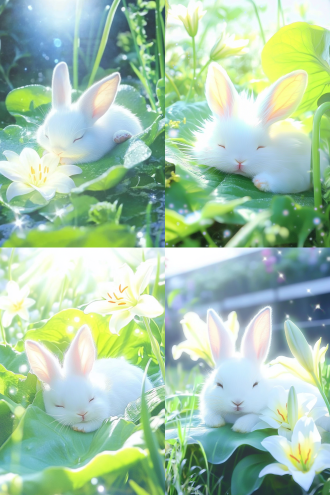 图三的小兔子，躺在图二的铃兰叶子上，风格是图一的样子。